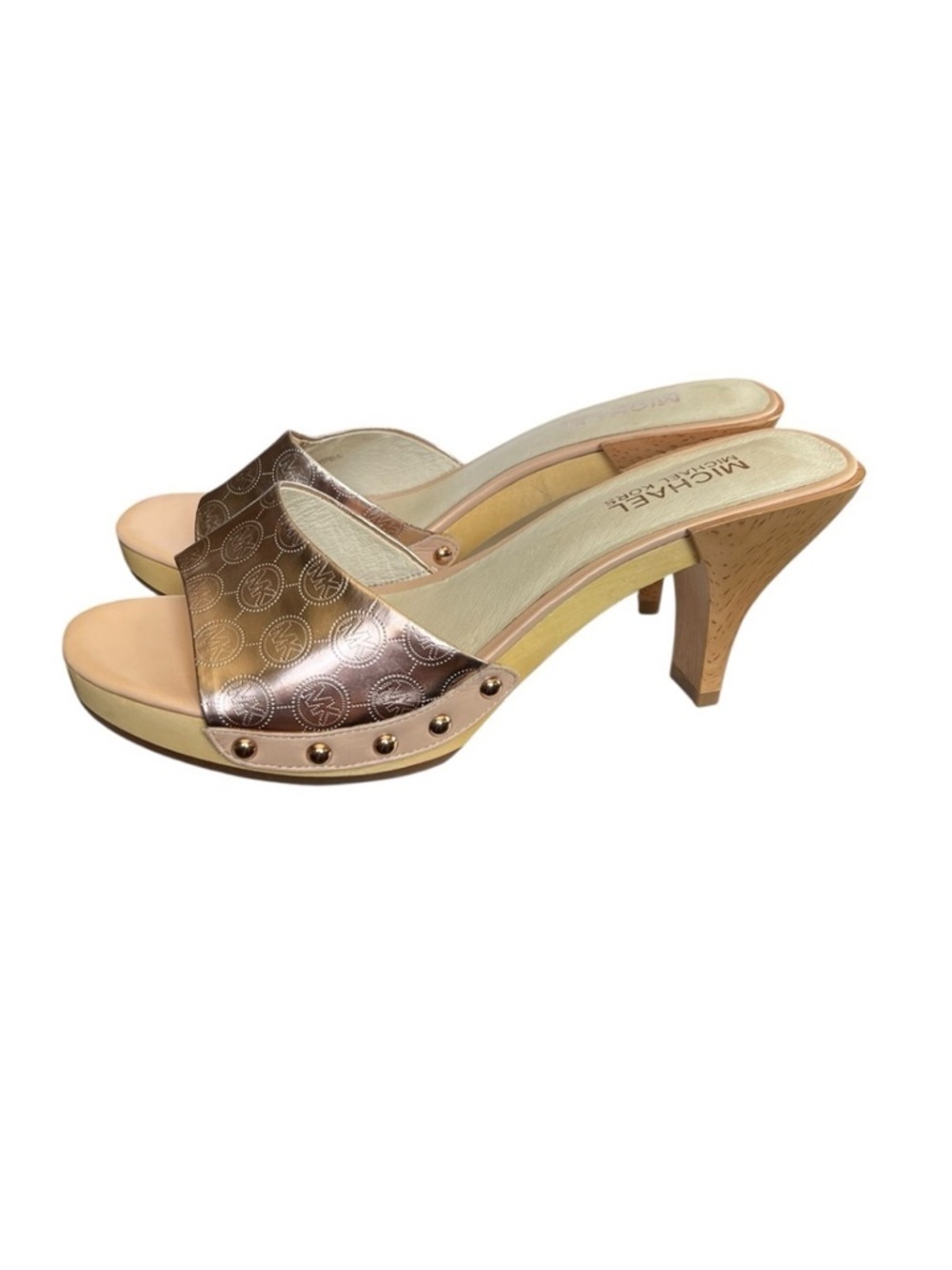 NWOT Michael Kors 8.5 Rose Gold Open Peep Toe Wood High Heel Sandals